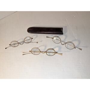 Lot 3 Antique Eye Glasses Wire Frames Rare Early Leather Case